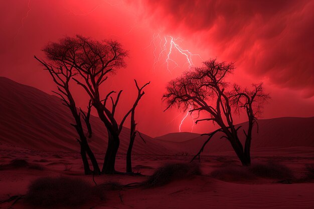 Verlichte rode akaciebomen staan in een grijs zandduinveld onder een lichtrode onweershemel