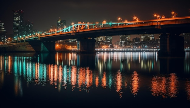 Verlichte skyline reflecteert op water in de schemering gegenereerd door AI