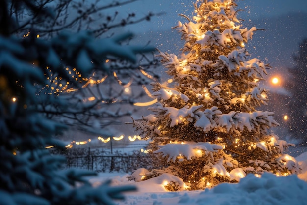 Verlichte sneeuwrijke kerstboom in het winterwonderland