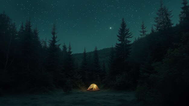 Verlichte tent onder een sterrenhemel te midden van torenhoge bosbomen die de rustige essentie van kamperen in de wildernis vastleggen