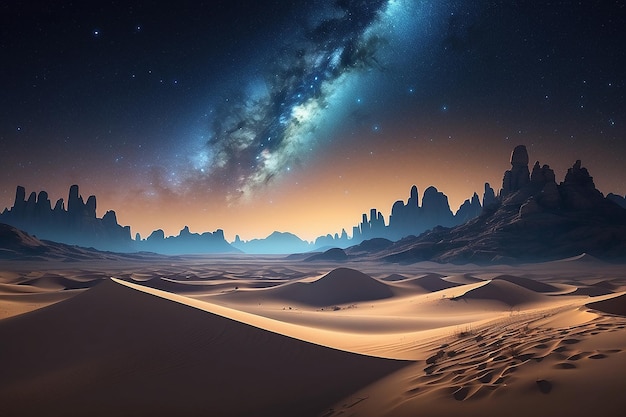 Verlichte zandstranden die het surrealistische landschap van een geëlektrificeerde woestijnnacht vastleggen