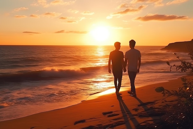 Verliefd homo-paar op het strand tijdens zonsondergang Zomervakantie samen Liefde oceaan mannelijk paar wandelen in de natuur Romantisch moment van een verliefd paar