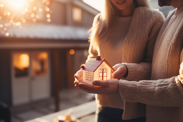 Foto verliefd koppel met een klein huisje in hun handen concept van gezin en nieuw huis generatieve ai