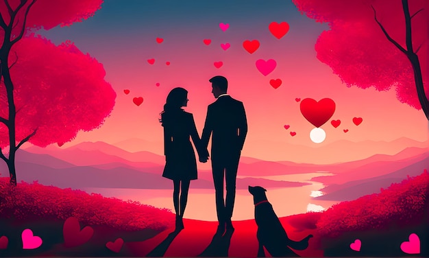 Foto verliefd koppel tegen een achtergrond van fantastische natuur in rode tinten valentijnsdag concept