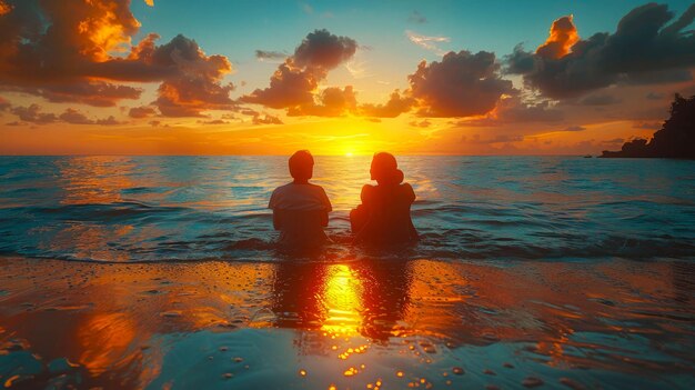 Verliefd koppel zit op strandstoelen en kijkt naar een prachtige zonsondergang op zee.