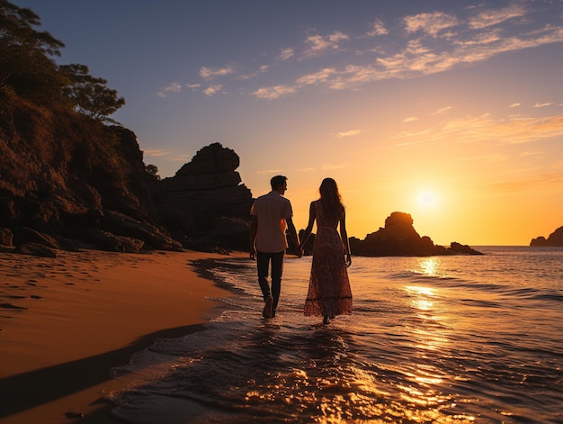 verliefd stel dat langs het strand loopt bij zonsondergang Generatieve AI