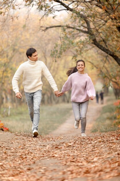 Verliefd stel in de herfstbladeren