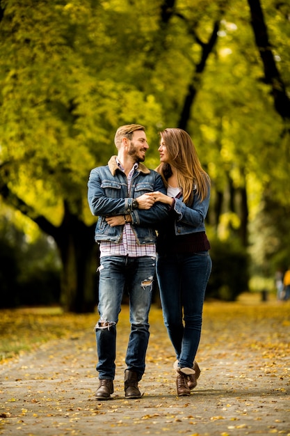 Verliefde paar in het najaar park