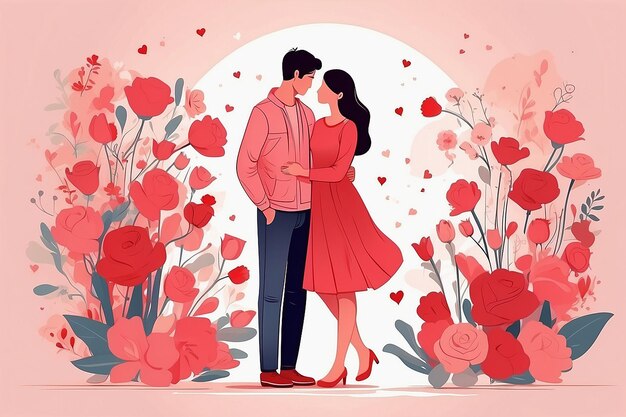 Verliefde paar vieren gelukkige Valentijnsdag verliefd staan samen met horizontale bloemen