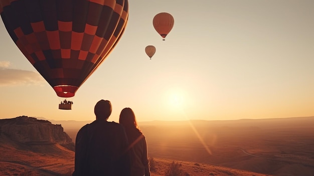 Verliefde stelletjes Paar toeristen een vrouw en een man op de achtergrond van een heteluchtballon in Cappadocië Generatieve AI-concept avontuurlijke vakantie in Turkije