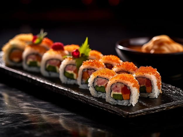 verlies zicht op heerlijke sushi set met rode kaviaar op leistenen planken