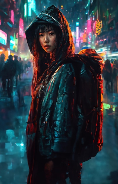 verloren Aziatisch meisje in cyberpunk-stijl met capuchon