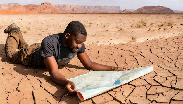 Foto verloren man kijkt naar een kaart in de droge zandwoestijn zonder water