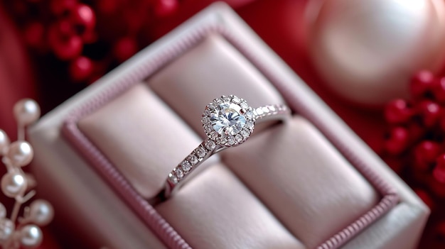 Verlovingsring sieraad romantische relatie beslissing om te trouwen kostbare edelsteen diamant liefde bruid en bruidegom paar ceremonie doos luxe