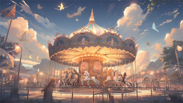 Vermaakpark met carrousel Cartoon vector illustratie van een pretpark