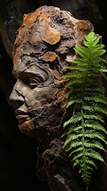 Vermakelijk beeld van een menselijk standbeeld met een varensboom die erin groeit en uit versteend hout is gebeeldhouwd.