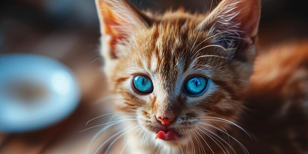 Vermakelijke kat likte zijn lippen Close-up van een wit en rood kitten met prachtige blauwe ogen die naar voren staren Adorabele hongerige kat Fotografie studio shot Blank gebied voor schrijven