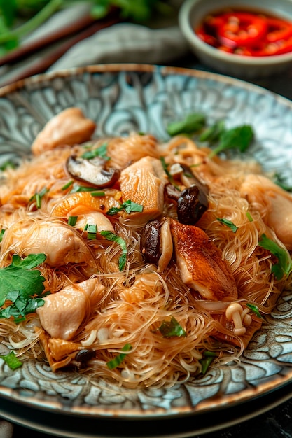 vermicelli met garnalen en paddenstoelen op een bord selectieve focus