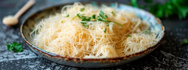 vermicelli met garnalen en paddenstoelen op een bord selectieve focus