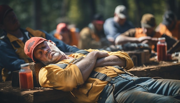 Vermoeide arbeiders die dag van de arbeid vieren op het werk fotografie Emotioneel concept van de dag van de arbeid