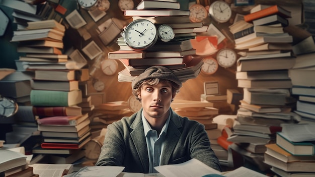 Foto vermoeide man met een stapel boeken chaos van papieren en klok op zijn hoofd concept van tijdmanagement