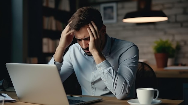 Foto vermoeide man op kantoor bij haar laptop met hoofdpijn, zich niet goed voelt, stress op het werk.