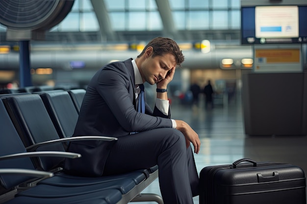 Vermoeide man zit op de luchthaven