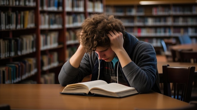 Vermoeide mannelijke student die zijn hoofd vasthoudt terwijl hij in de bibliotheek zit tegen de achtergrond van de boekenplank Gemaakt met generatieve AI-technologie