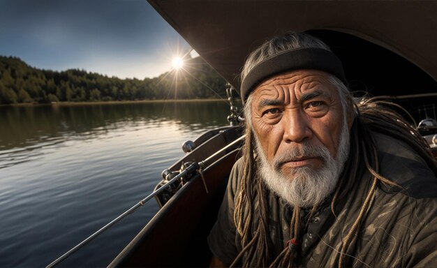 Foto vermoeide visser keert terug van de rivier na zijn visserij