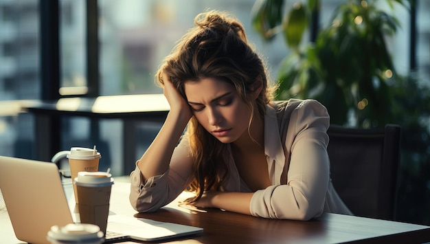 vermoeide zakenvrouw zit aan tafel met laptop en kop koffie in een café