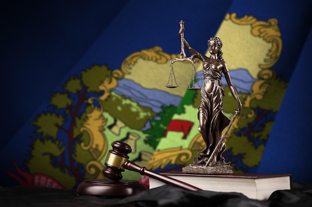 Vermont Amerikaanse staatsvlag met standbeeld van Vrouwe Justitia Grondwet en rechtershamer op zwart gordijn Concept oordeel en schuld