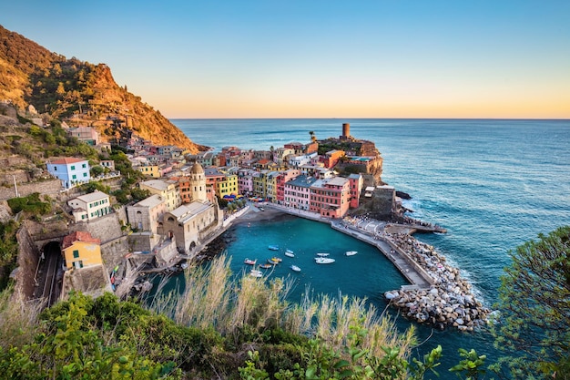 Vernazza in Cinque Terre Italy at sunset Popular tourist destination in Liguria coast