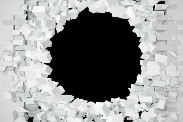 Vernietiging van een witte bakstenen muur voor het plakken van iets tekst 3d illustratie