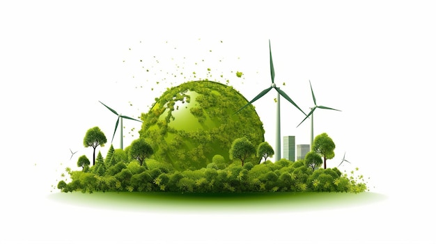 Vernieuwbare energie achtergrond met groene energie zoals windturbines en zonnepanelen Generatieve ai