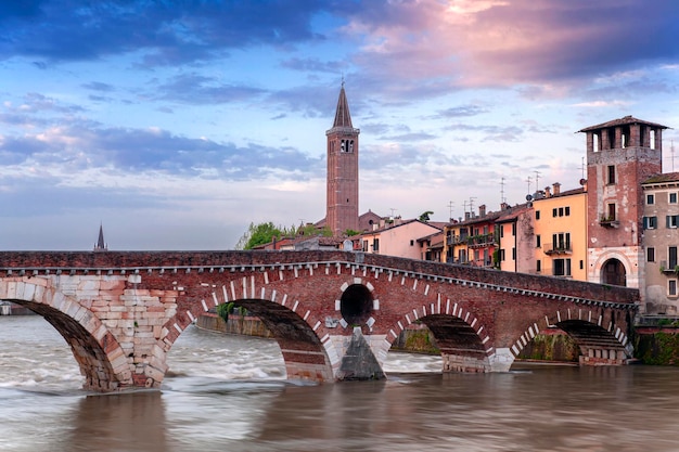 Verona, Italy. Scenery with Adige River and Ponte di Pietra...