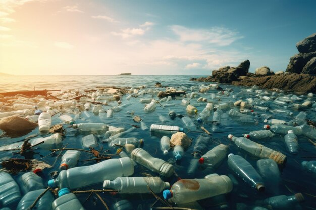 Verontreiniging door plastic waterflessen aan de kust van de oceaan