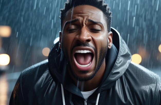 Verontruste zwarte man schreeuwend huilend op straat onder regen schok en emotionele ineenstorting depressie