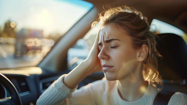 Verontwaardigde of vermoeide vrouwelijke chauffeur die neus en voorhoofd wrijft zit in de auto en rijdt een vrouw van middelbare leeftijd