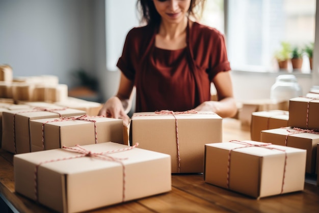 Verpakking van goederen vrouw dozen winkel dame verplaatsen karton werk doos genereren Ai