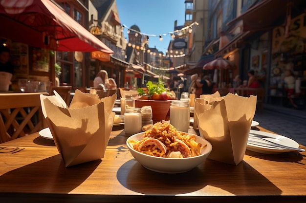 Verpakkingsfoto's met levendig straatvoedsel in afhaalcontainers Creatief en smakelijk