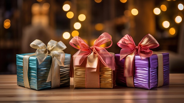 Verpakte cadeaus met linten op een houten oppervlak voor de feestdagen