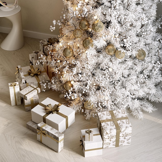 Foto verpakte geschenken onder de kerstboom bovenaanzicht 3d-rendering