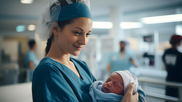 Verpleegster die een pasgeboren baby in de wieg houdt en oprechte emoties van verzorging en zorg vertoont