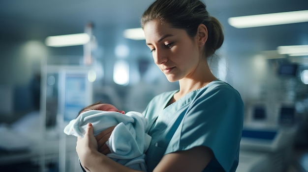 Verpleegster die een pasgeboren baby in de wieg houdt en oprechte emoties van verzorging en zorg vertoont