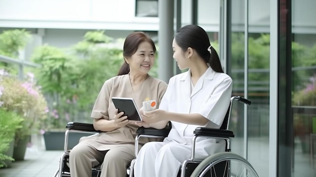 verpleegster die tips over gezondheidszorg op een mobiele telefoon toont aan een oudere patiënt in een rolstoel in de tuin