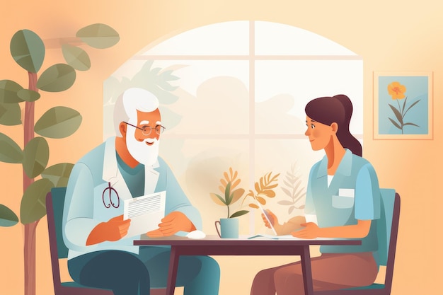 Verpleegster en oude man in het kantoor Cartoon vector illustratie Ondersteunende gezondheidszorg en een verpleegster met een oudere patiënt die een diagnose uitlegt na overleg AI gegenereerd