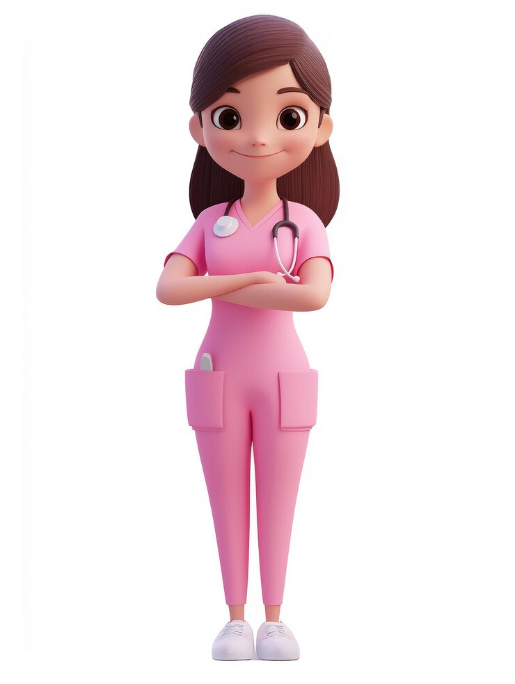 Verpleegster in roze scrubs.