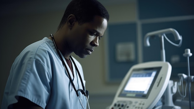 Verpleegster Man Afro-Amerikaans 40s De vitale functies van de patiënt controleren in ziekenhuis Generatieve AI AIG22