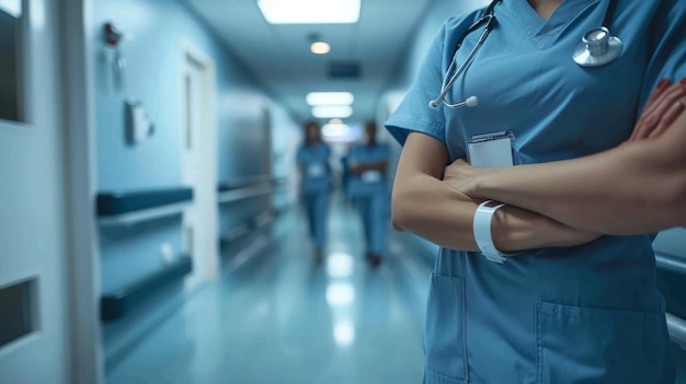 Verpleegsters in scrubs en badges in een ziekenhuiskorridor