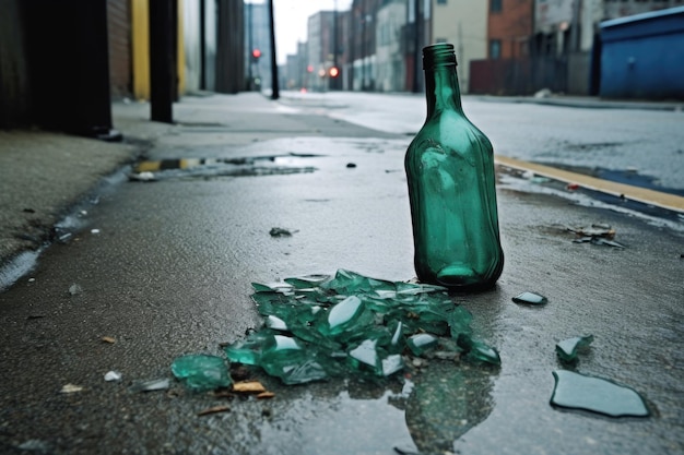 Foto verpletterde glazen fles op zanderige stedelijke stoep